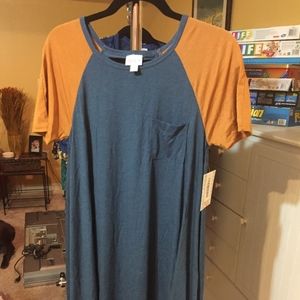 LulaRoe Orange Sleeve Blue Body XS Carly Dress